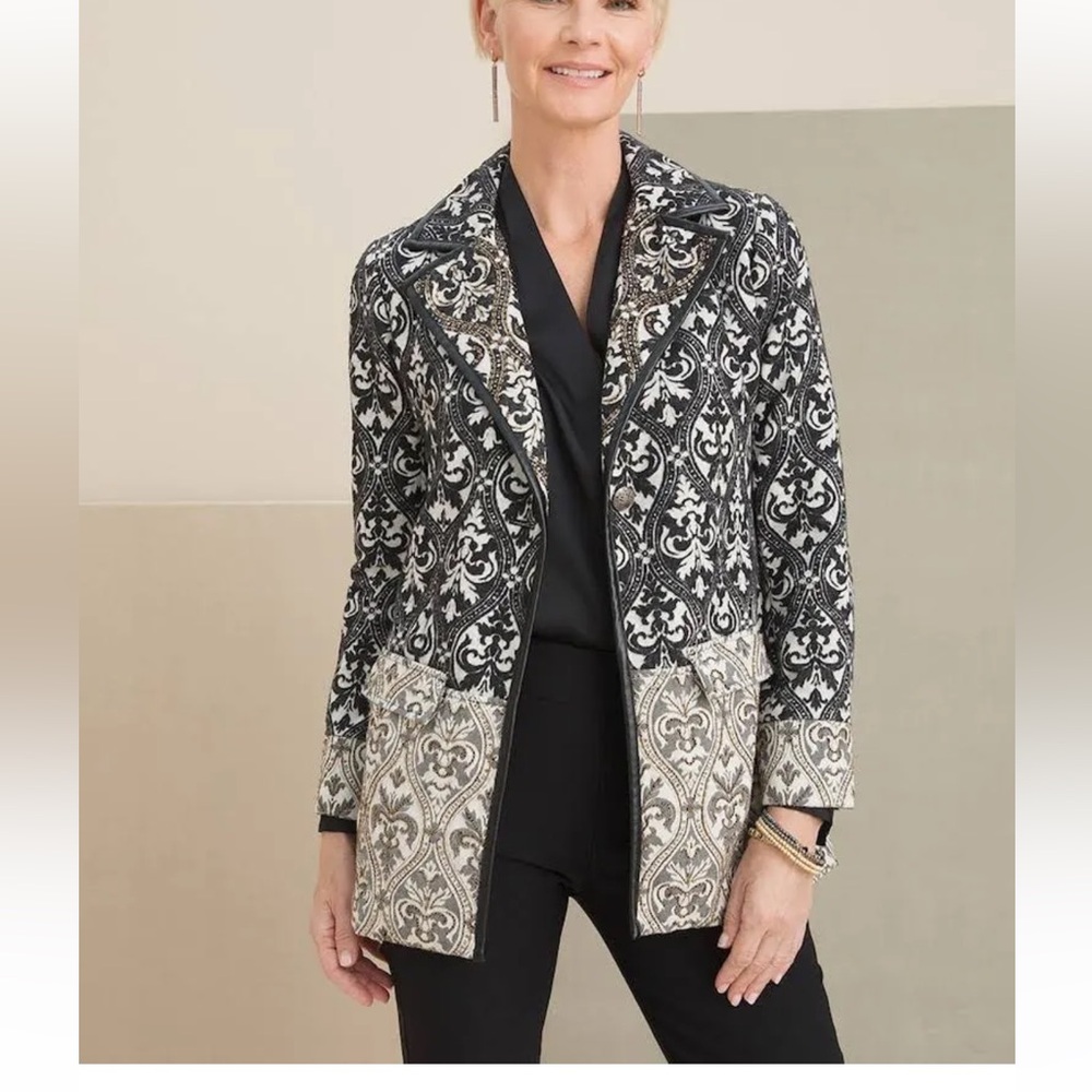Chico's Black and Cream Floal Tapestry Jacquard Jacket.